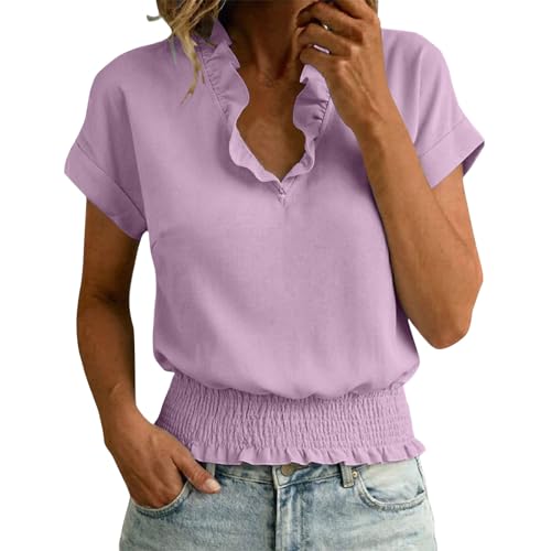 Image of TURWXGSO Womens T Shirts UK Ruffle V Neck Short Sleeve Cropped Tops Trendy Shirred Waist Casual Loose Blouse Lightweight Summer Shirts Plain Elegant Tunic Tees Office Holiday Party