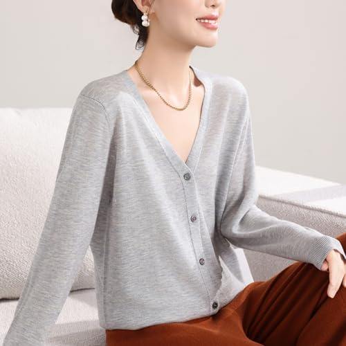 Image of Women's 100% Merino Wool Lightweight V-Neck Cardigan Sweater Button Down Long Sleeve Knitwear Outwear Tops