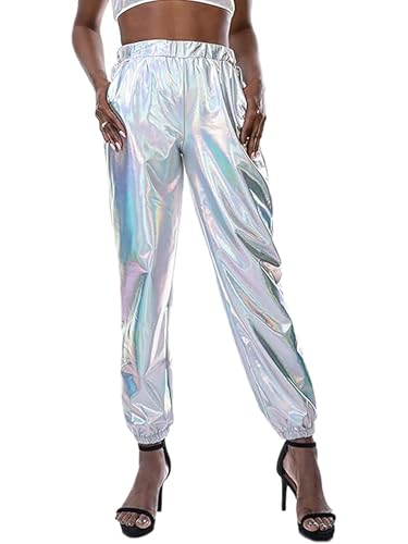 Svuitmsl Glänzende metallische Jogginghose für Damen hohe Taille Hip-Hop-Hose Wet-Look Clubwear holografische Disco-Sweathose XXL