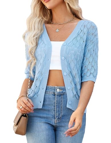 GRACE KARIN Women's Lightweight Crochet Cardigan Button Down, V-Neck Short Sleeve Summer Cardigans for Women UK, Ladies Knitted Cropped Bolero Cardigans Light Blue XXL