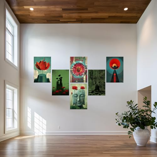 Image of SiddArtify Red - Green Lotus Flower Art Print Set - Sticker - 12x18 Inch - Pack of 6 Wall Room Decoration art Poster Prints