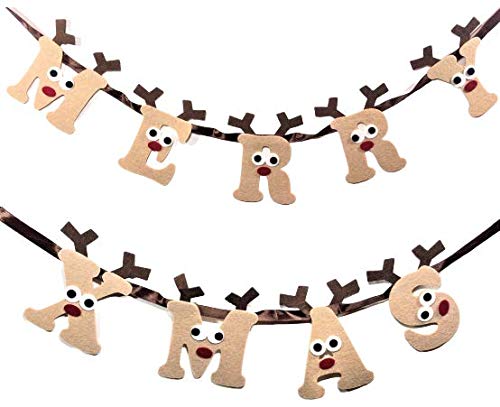Swan Household ® - 1.8M Merry Xmas Felt Rudolph Bunting Banner/Garland - Christmas Decoration (Each Fag 12X8cm)
