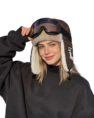 Clakllie Herren Damen Fliegermütze Trappermütze Warm Faux Fur Leder Aviator Pilot Hat Wintermütze Ohrenklappen Winddicht Bombermütze Russenmütze für Radfahren Snowboarden Skaten,DPL10-Brown