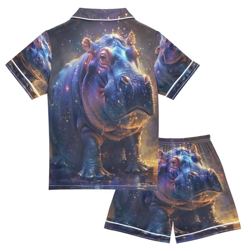 Satin Pajama Sets Short Sleeve Starry Hippo with Glowing Spots Button Down Silky Nightwear 2 Piece PJS 5-14Y2