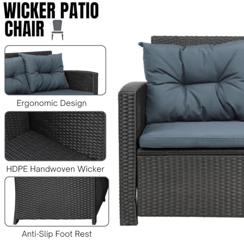 Image of DEVOKO 5 Pieces Patio Outdoor HDPE Wicker Dinning Set, Outside Couch with Table for Porch, Lawn, Garden, Backyard (Black and Grey)