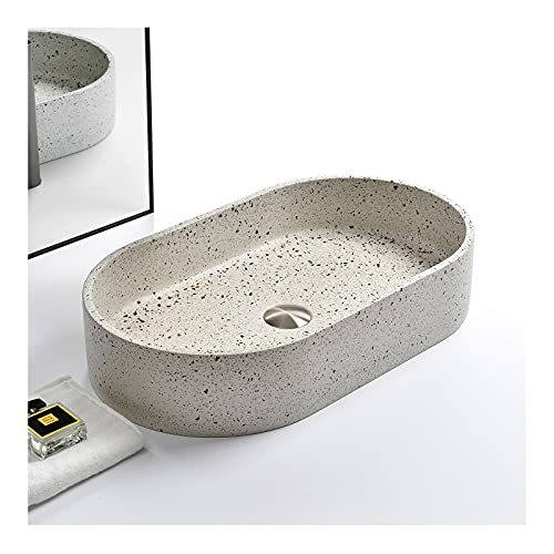 XEX Vasque A Poser Ovale Terrazzo [Texture Mate], Lavabo Salle De Bain A Poser Artistique Créatif Monté sur Comptoir [Installation Facile] 600x350x120mm Lave Main Evier(Color:Blanc Mat)