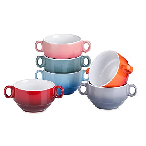 LOVECASA Juego de Cuencos de Cerámica, 6 piezas Tazones de Consomã Taza Desayuno Tazón para Sopa con Asas 400ML 6 Colores