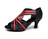 MINITOO TJ7133 Damen Mädchen Riemchen Satin Latein Tango Tanzsandalen, Schwarz-roter 6 cm Absatz, 39 EU