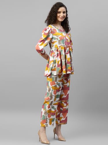 Image of DEEBACO Women's Abstract Print Top & Pants Co Ord Set for Women V Neck 3 /4 Puff Sleeve Ladies Party Casual Wear Fashionable for Girls Loose Fit Cord Set (DBCOMR00000984 XL Multicolor)