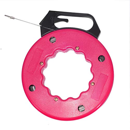 SETROVIC Tools 100 Foot Fish Tape, Spring-Steel Fish Tape Reel For Electric or Communication Wire Puller, Great for Heavy Duty Wire Pulls, Pink