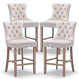 SoarFlash Modern Velvet Upholstered Bar Stools Set of 4 with Wood Legs, Button Tufted,Chrome Nailhead, Counterstool Seat, Armless Bar Chairs (Beige)