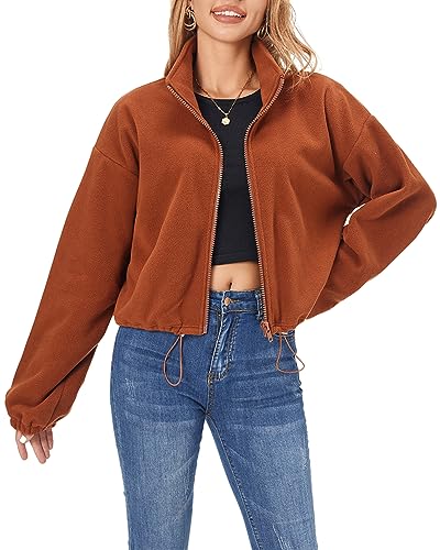 Fuinloth Women's Fleece Crop Jacket, Oversized, High Stand Collar Long Sleeve Coat