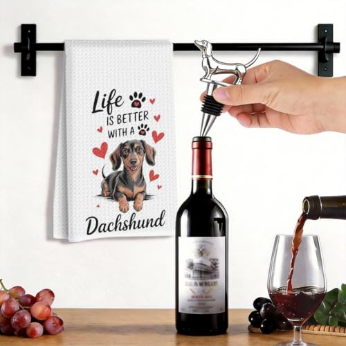 Image of Cute Dachshund Kitchen Towels with Wine Bottle Stopper 24x14 Inch, Dachshund Gifts Reusable Dish Towels for Kitchen Bars Decor, Wine Gift Weiner Dog Gifts for Women Men Christmas Birthday Gift