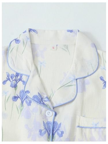Image of Verdusa Women's 2 Piece Floral Bow Pajama Set Short Sleeve Button Down Shirt and Shorts Set
