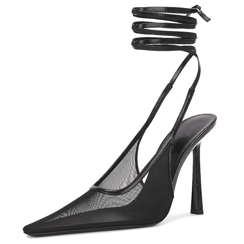 Women's Pointed Toe Mesh Slingback Pumps Backless Strappy Lace Up Stiletto High Heels Stylish Party Dress Heels for Woman