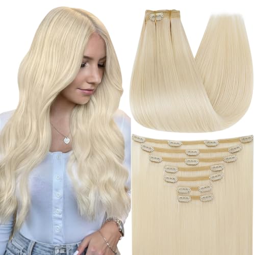 Image of Full Shine Blonde Human Hair Extensions Clip ins Platinum Blonde | Clip in Hair Extensions for Thin Hair, for DIY, for Dying, 10 Inch 7 Pcs 95g