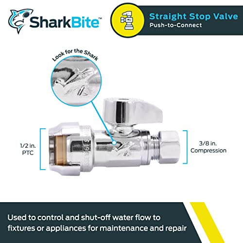 Sharkbite 1/2 X 3/8 Inch Compression Straight Stop Valve, Quarter Turn, Push To Connect Brass Plumbing Fitting, Pex Pipe, Copper, Cpvc, Pe-Rt, Hdpe, 23037-0000Lf #TOP1