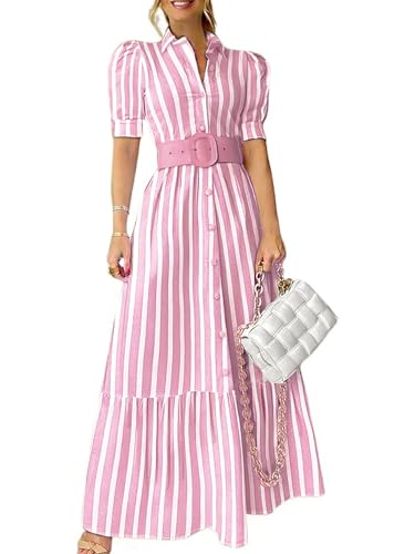 Image of utcoco Womens Striped Button Down Shirt Dress Casual Puff Short Sleeve Ruffle Hem Maxi Dresses with Belt