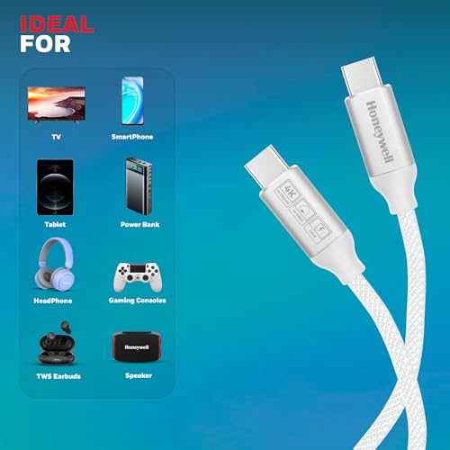 Image of Honeywell Type C to Type C USB 3.1 Cable, 4 Feet (1.2M), Max Output 5A 100W, QC 3.0, Fast Charge, Compatible with Apple Devices, Smartphones, Laptops, Power Banks, Tablets, Headphones, Speakers White