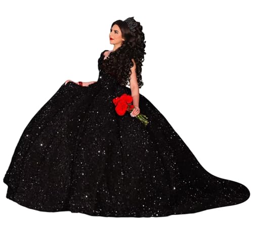 Zhangyo Glitter Sequin Quinceanera Dresses with Train Gorgeous V Neck Sweet 15 16 Dresses Princess Vestidos De 15 Años