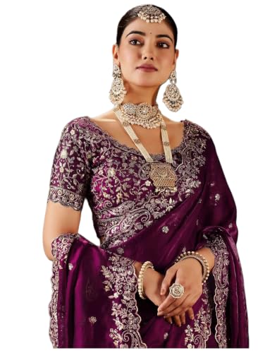 Image of Sidhidata Women's Soft Fandy Satin Embroidered Saree With Multi Sequence Cut Work Boarder & Comes With Unstitched Blouse Piece (Jimmy Free Size)