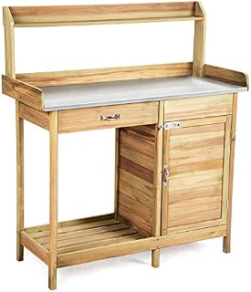 GiantexUK Wooden Potting Bench, Garden Planting Table with Cabinet, Drawer, Storage Shelf and Hooks, Flower Plant Work Station