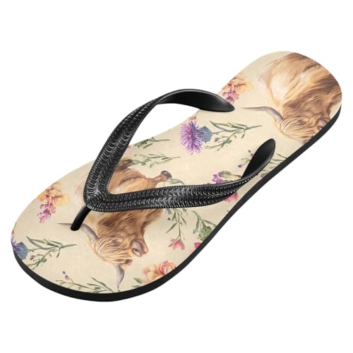 ALAZA Highland Cow Flowers Flip Flops for Women Fashion Beach Slippers Comfort Mens Flip Flops Non-Slip Rubber Shower Slippers Sandal for Hotel Travel Sport,XS2