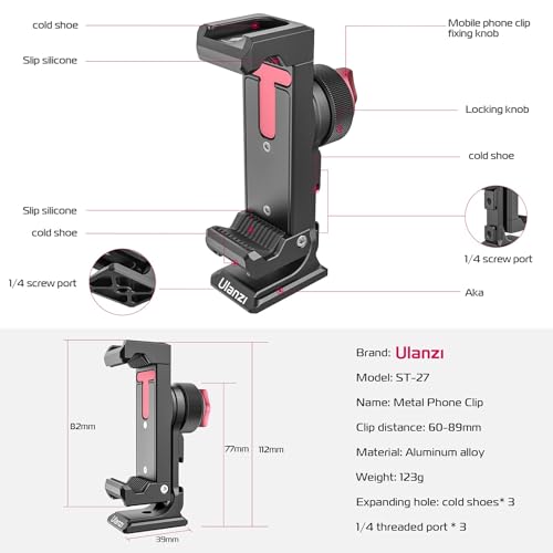 Image of ULANZI ST-27 Phone Tripod Mount, 360 Metal Phone Holder for Tripod w 3 Cold Shoes & Arca Port, Versatile Smartphone Adapter for iPhone, Desktop Tripods, and Live Streaming /Vlogging Setup