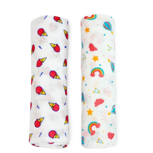 Image of Swaddle for Babies -100% Muslin Cotton Soft Swaddle /Blanket /Multipurpose Wrap for New Born Baby Girl & Boy | 100x100 cm | Perfect for Gifting | 0-6 Months, Set of 2,(Rainbow & Ice-cream Print)