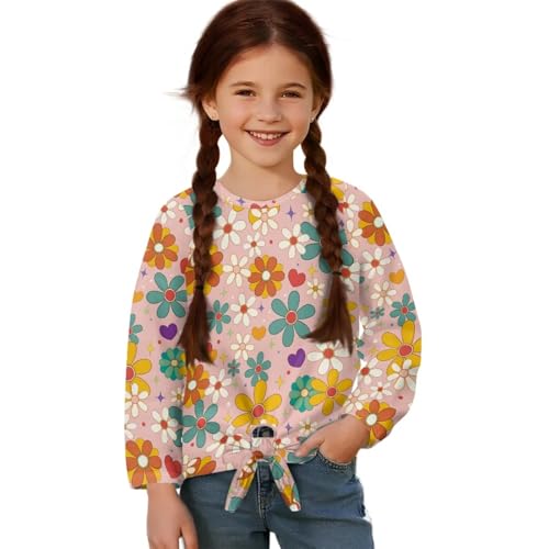 Girls T-Shirt with Tie Front,Loose Long Sleeve Kids Tunic Tops,Stretch Crew Neck Girls Shirt for School