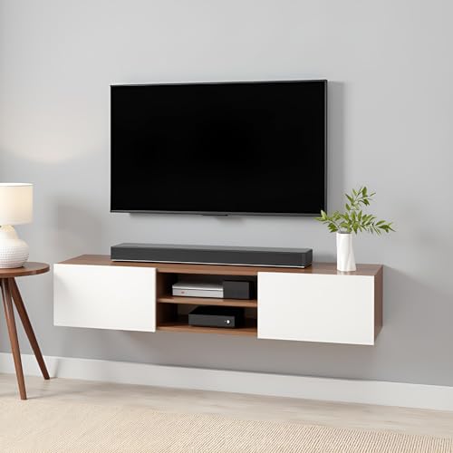 Image of FURNEASER Sasia Modern Wall Mounted TV Unit for 32 /42 /55 Inch TV | Floating Entertainment Unit with Storage | Engineered Wood TV Cabinet for Living Room | TV Stand with Doors (Exotic Teak & White)