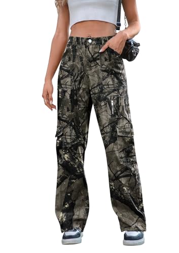IVIR Camo Cargo Pants Women High Waist Wide Leg Jeans Adjustable Waist High Rise Hiking Pants Camouflage Middle