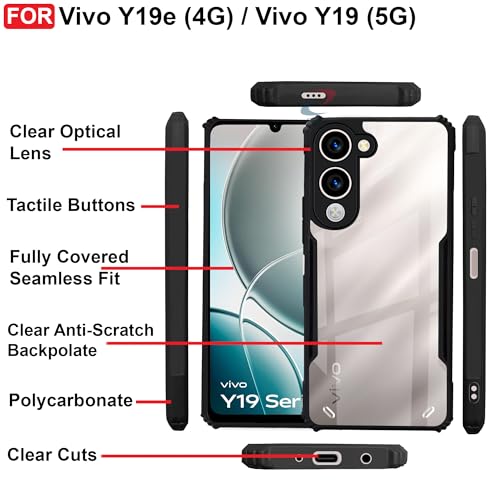 Image of CEDO Backcover for Vivo Y19e (4G) / Vivo Y19 (5G) | Camera Protection Shockproof Bumper-Edge | Acrylic Crystal Clear 360 Degree Protection TPU+PC | Transparent Eagle Back Case Cover (Black)
