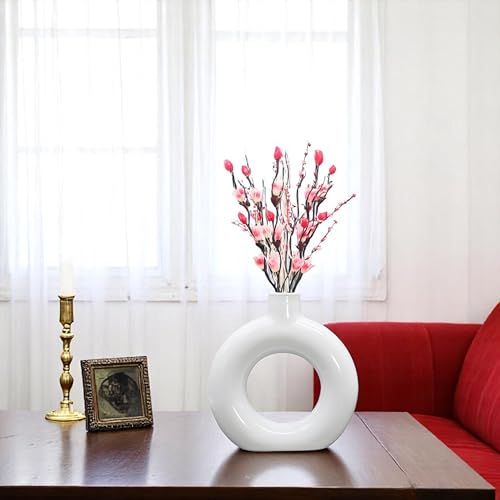 Image of Modern Ceramic Ring Vase with Pink Floral Stems, White, Decorative Flower Holder for Home (6 INCH)