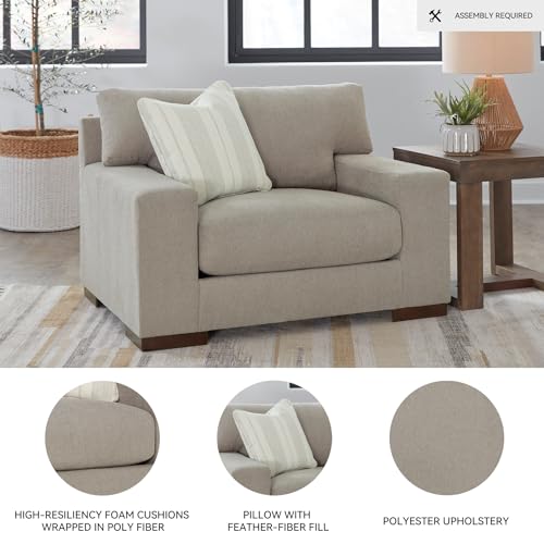 Image of Signature Design by Ashley Maggie Oversized Chair, Cozy Chair and a Half, Plush Chenille, Durable Wood Frame, No Assembly Required, Accent Pillow, For Living Room & Bedroom, Flax Light Gray