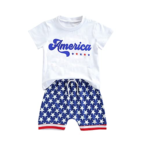 CHAUKAREAUL 4th Of July Baby Boy Outfit Short Sleeve USA Print T Shirt Spaghetti Strap Shorts Summer Casual Sets (White Star, 0-6 Months)