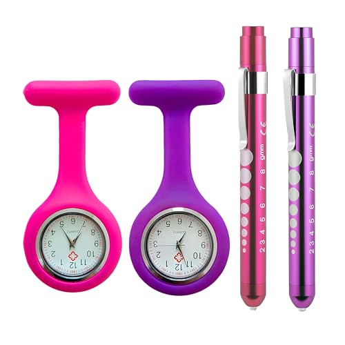 Embhlitfe 4Pcs Nurse Pen Torch and FOB Watch Set Penlight Flashlight with Pupil Gauge & Silicone Fob Watch with Easy to Read Dial for Health Care Nurses Doctors Paramedics (Pink&Purple)