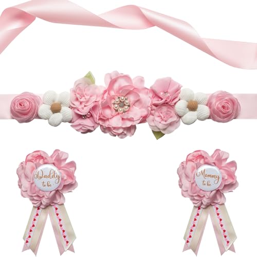 Afkengung Pink Maternity Sash Set Daddy and Mommy to be Corsage Pin Flowers Baby Shower Souvenir Sash Supplies Gender Reveal Decorations Pregnancy Photography Props?Pink?