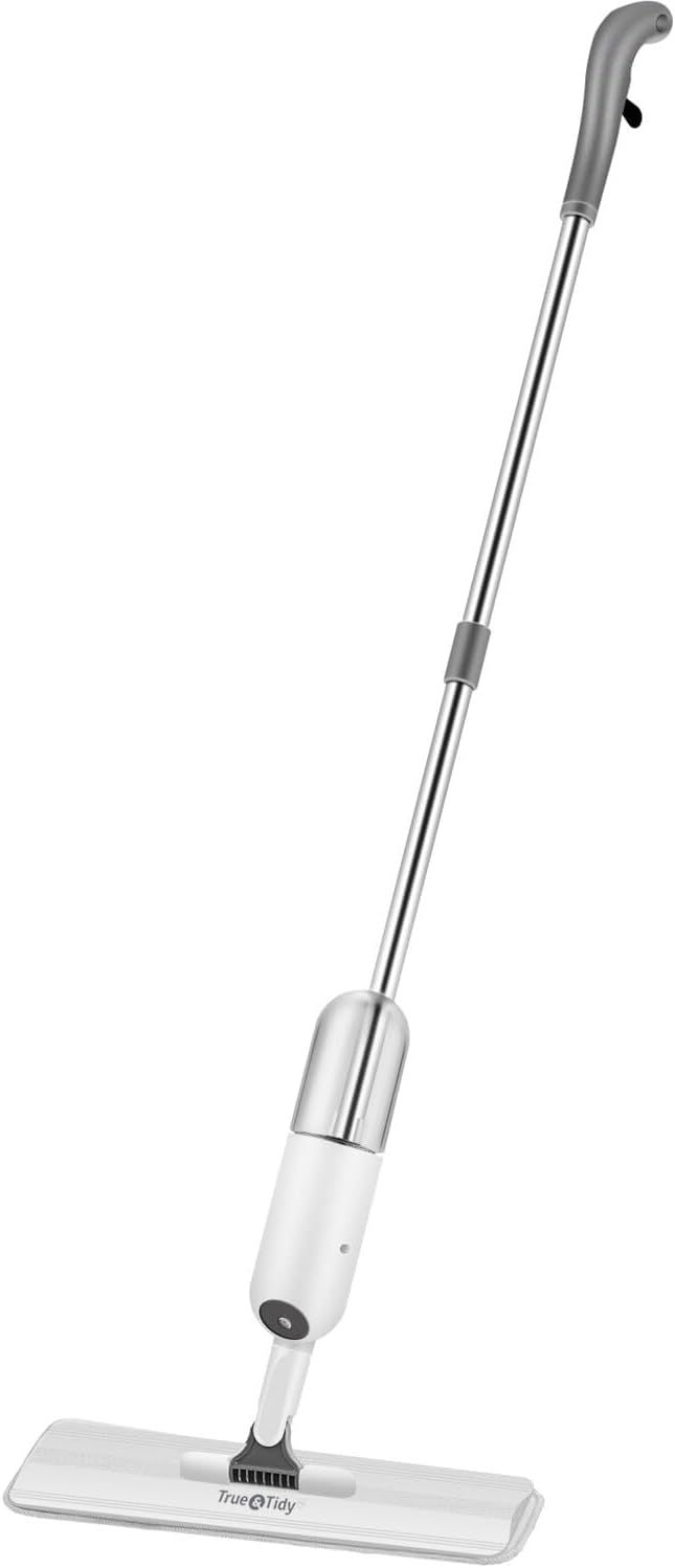 True & Tidy® SPRAY-250 Multi-Surface Spray Mop with Refillable Water Bottle for Floor Cleaning, Works on Wood, Tile, Marble etc, Use Any Cleaning Solution, Machine Washable Microfiber Mop Pads, White