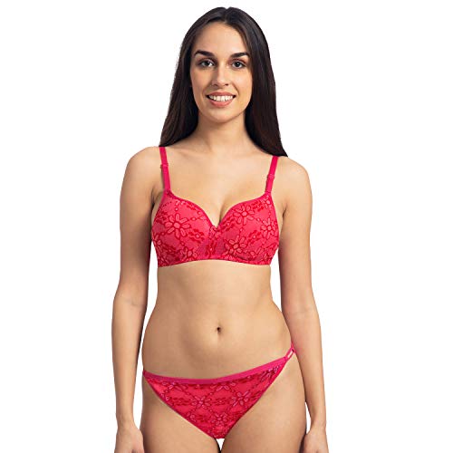 Image of Komli - Bridal Heavily Padded Push-Up Bra and Panty Set - Cotton Rich - Balconette - Seamless, Wireless, 3 /4th Coverage - Embroidered Multicolor Lace on Cups with Halter Straps