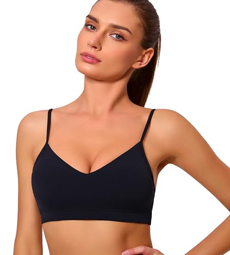 Oalka V Neck Sports Bra for Women Adjustable Padded Thin Straps Wireless Yoga Bras Black M