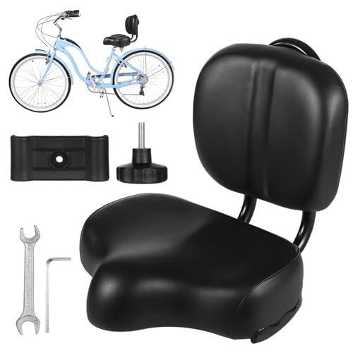 Bike Seat with Backrest - Oversized Bicycle Saddle with Back Support, Universal Wide Bike Padded PU Cushion Saddle for Tricycle, Height Adjustable, Black