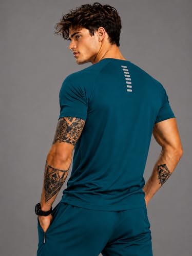 Image of Men's Teal Blue Performance T-Shirt, Quick Dry, 2-Way Stretch, Lightweight, Reflective Detailing, for Gym, Running & Training