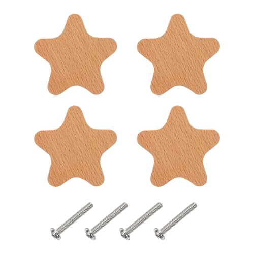 Image of sourcing map 4 Pcs Star Shape Wooden Knobs, Single Hole Wooden Cabinet Knobs with Screws for Nursery Furniture Cupboard Closet Door Dresser Drawers