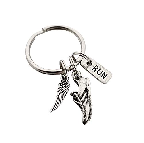 WING SHOE RUN Key Chain - Pewter Wing Charm, Pewter Running Shoe Charm and Pewter Rectangle RUN Charm on Stainless Steel Round Key Ring