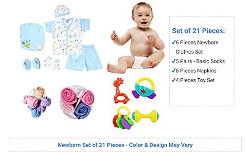 Image of New Born Baby Set for 0-6 Month Baby (Clothes, Feeding, Bag and Toys) (Multicolor, 21 Pieces Pack)