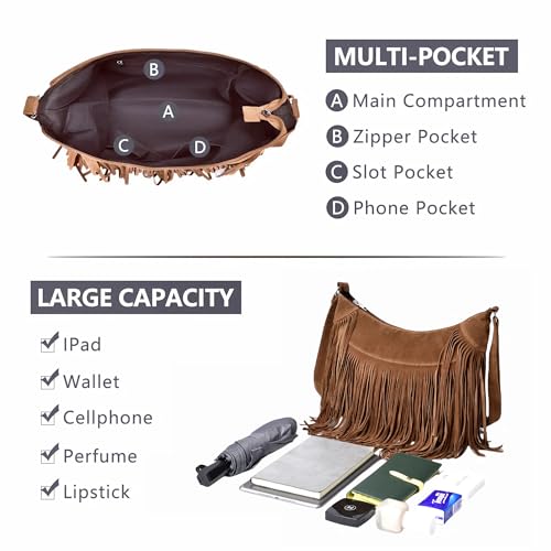 Image of Fringe Hobo Bags for Women Vintage Suede Crossbody Bag Hippie Western Cowgirl Purses Tassel Shoulder Bag