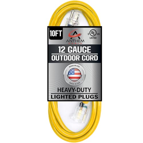 10 ft - 12 Gauge Extension Cord Outdoor - Made in USA - Lighted on Both Ends - Yellow Outdoor Extension_Cord Waterproof by Anthem Cable - Heavy Duty ExtensionCord 10 ft 15 Amp Extension