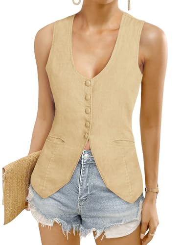 COCCKO Womens Deep V Neck Blazer Vest Summer Linen Sleeveless Waist Coat Vest Work Casual Cotton Tank Tops