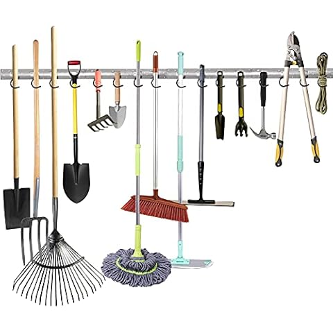 WALMANN All Aluminum 64 Inch Wall Mount Garage Garden Tool Organizer, Mop and Broom Holder, Yard Tool Storage Rack for Rake, Shovel, Spade, Mop, Broom, Wall Storage Organizer(4 Rails, 16 Hooks) Cover